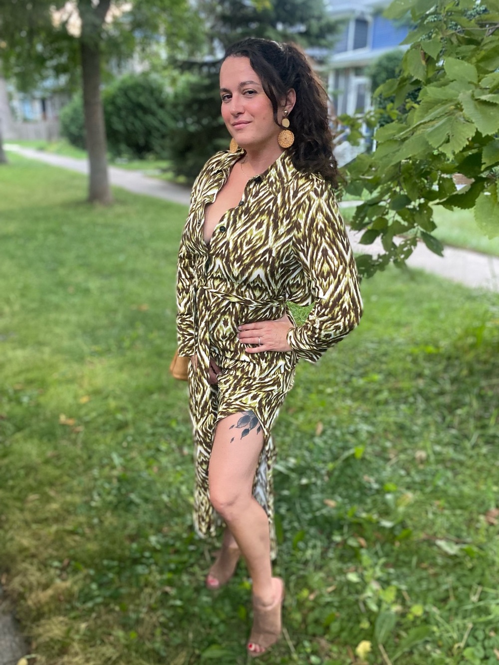 Long-Sleeve Earthy Patterned Midi Dress